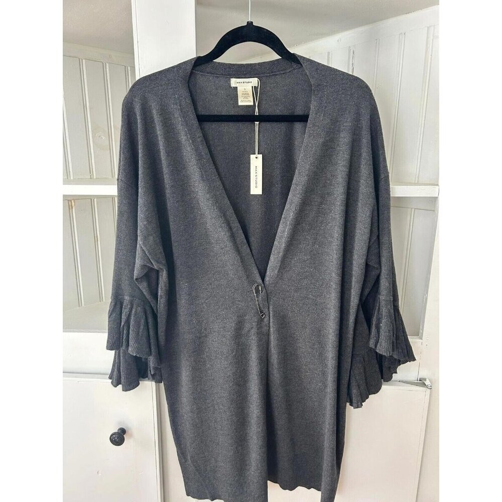Max Studio Knit Long Roomy Sweater Wrap Large Pin Closure Flutter Sleeves Small